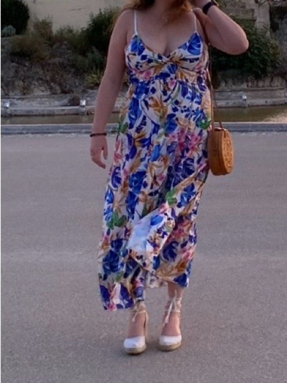 Floral Maxi Dress with Blue and Pink Accents